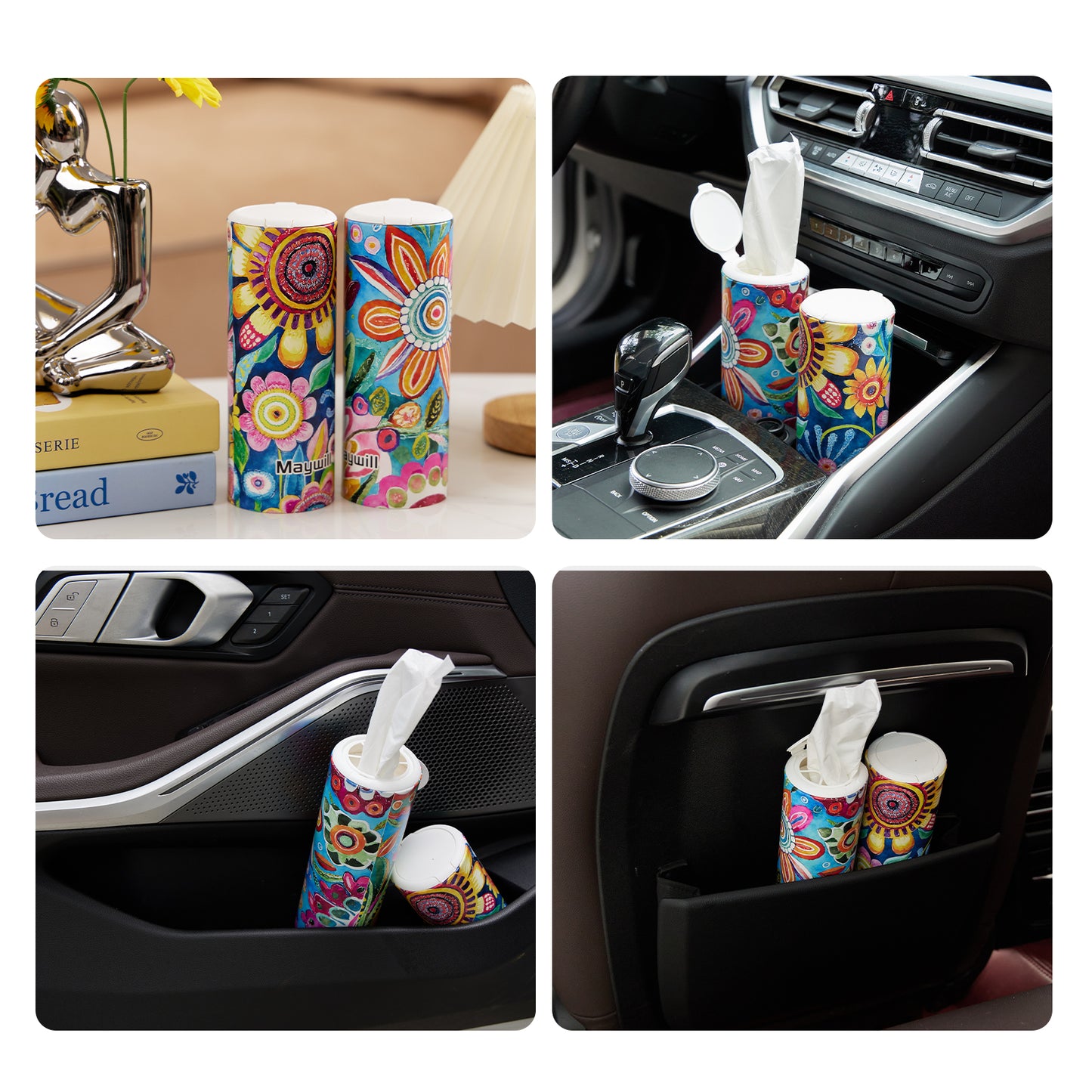 Car Tissues Holder with Facial Tissue, Car Tissue Box, Travel Tissues Cylinder ,Suitable for Car Cup Holder(3-ply 4 Pack, 200 Sheets)